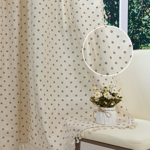 Aofoto Floral Printed Curtains 84 Inch Length, Semi Sheer Linen Rod Pocket Drapes for Living Room Bedroom, 2 Panels