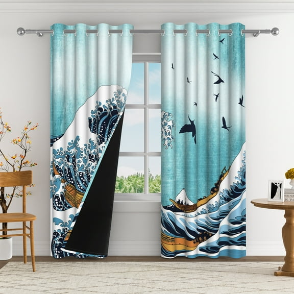 Aofoto Great Wave Blackout Curtain for Bedroom/Nursery , Japanese Kanagawa Ocean Blue Curtain Home Decor , 2 Panels , 42" W x 84" L