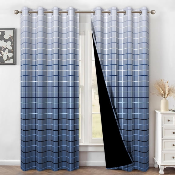 Aofoto Grid Texture Insulated Blackout Grommet Curtain,Blue,2 Panel, 52x84 inches