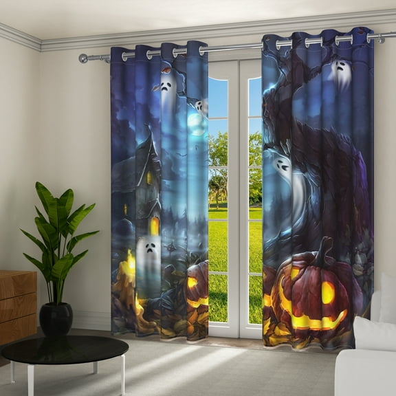 Aofoto Halloween Blackout Curtains for Bedroom, Dark Blue Ombre Curtains, Grommet Top Drapes,2 Panels, 52"W x 63"L