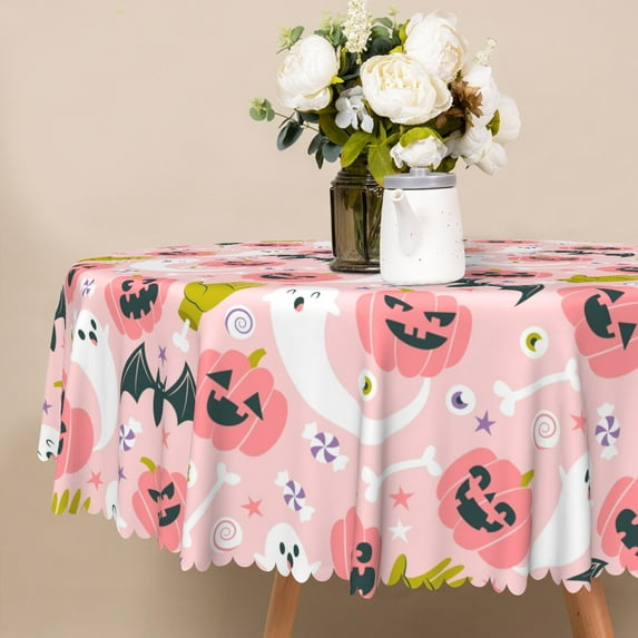 Aofoto Halloween Pink Tablecloth Round 60 Inch, Cute Ghost Pumpkin Decorative Table Cloth, Washable Holiday Table Cover for Party Dinner Picnic Indoor Outdoor