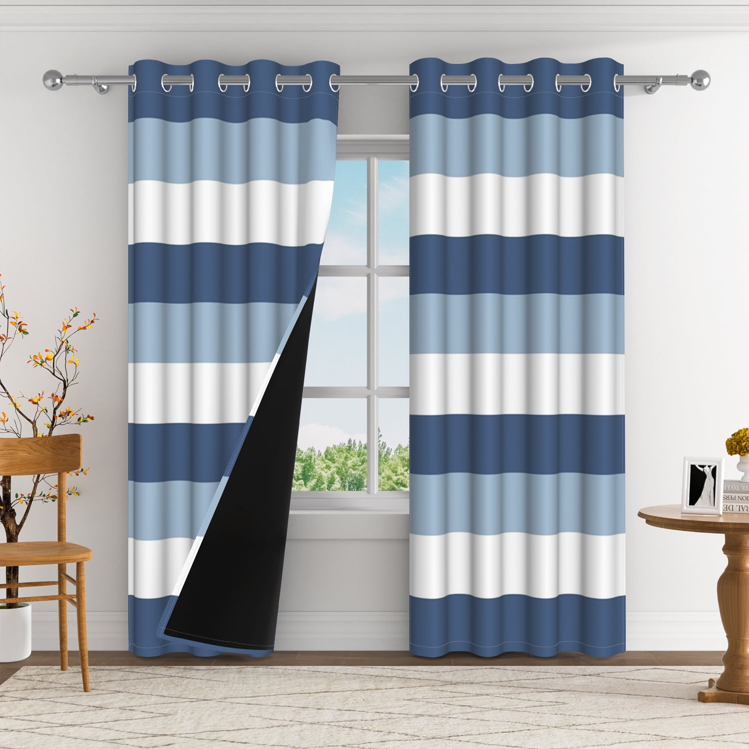 Aofoto Linen Stripe Blackout Curtains Thermal Insulated Window Drapes for Living Room/Bedroom, 2 Panels,Blue,42x63 inches