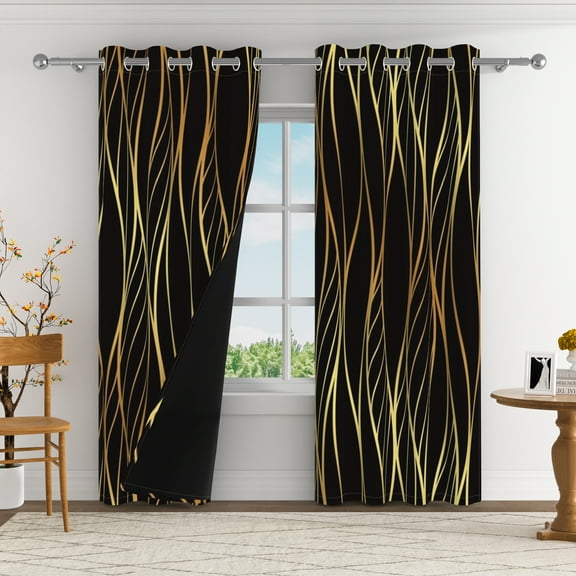 Aofoto Modern Abstract Geometric Blackout Curtains Insulated Room Darkening Window Drapes for Living Room,2 Panels,52x63inches, Black/Gold