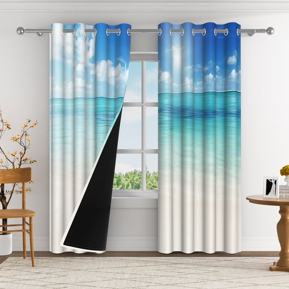 Aofoto Ocean Blackout Curtains,Tropical Beach Blue Sky Cloud Thermal Insulated Curtain for Bedroom Living Room,2 Panel, 42"x63"