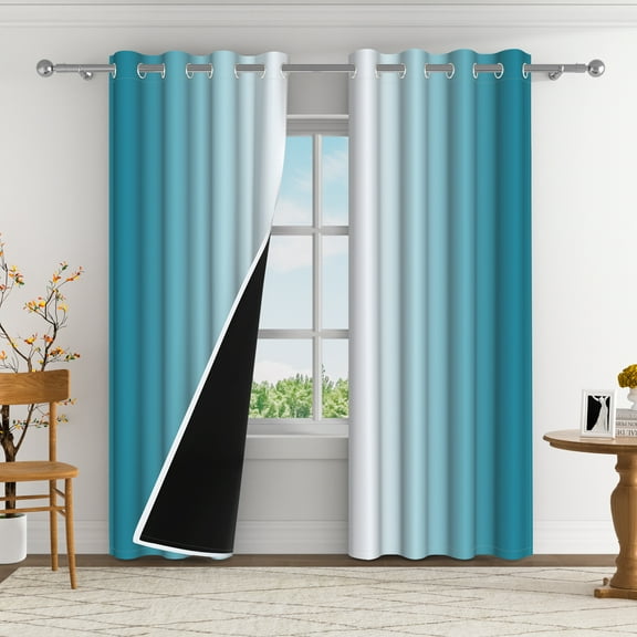 Aofoto Ombre Blackout Curtains for Bedroom, Teal White Gradient Patterned Noise Reducing Thermal Insulated Window Treatment Drapes, 2 Panels, 52 x 84 Inch