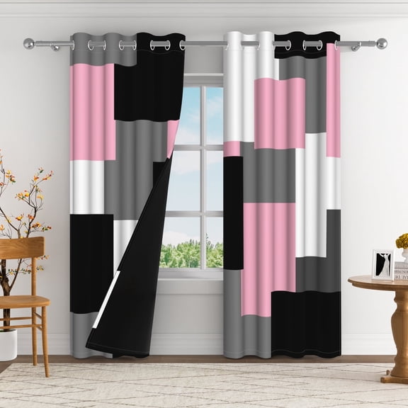 Aofoto Pink and Black Blackout Curtains, Gray White Girls Abstract Geometric Preppy Art Kids Adults Living Room Bedroom Window Drapes, 42" W x 84" L, 2 Panels