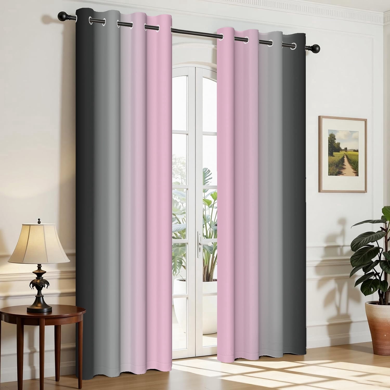 Aofoto Pink Grey Black Blackout Curtains for Girls Living Room, Room Darkening Abstract Window Drapes Treatments With Grommet, 2 Panels, 42"x84"