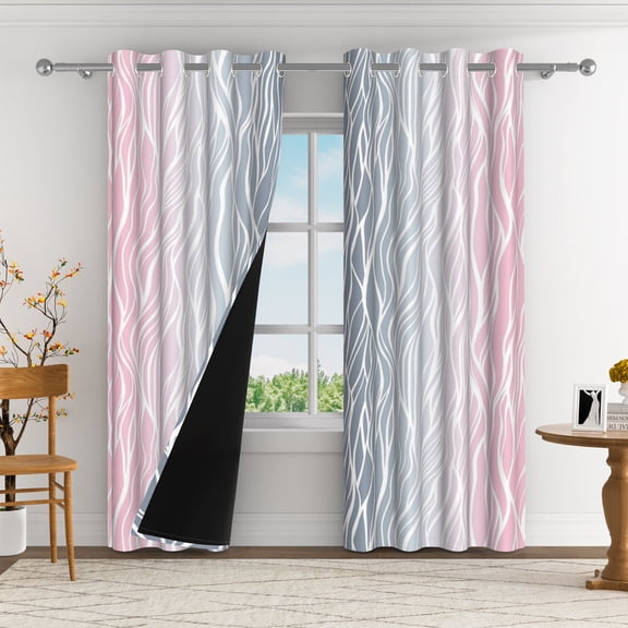 Aofoto Pink Grey Blackout Curtains, White Wave Line Room Darkening Curtains, Thermal Light Blocking Window Curtains for Bedroom, 2 Panels, 42" W x 84" L