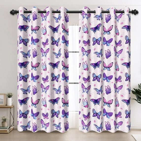Aofoto Purple Butterfly Curtain for Girls Bedroom , Grommet Thermal Insulated Light Blocking Window Drapes for Living Room Nursery,42" W x 63" L, 2 Panel