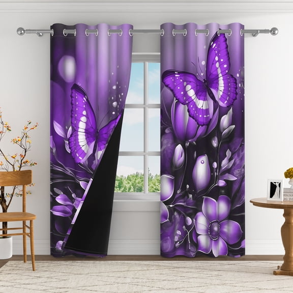 Aofoto Purple Flower Butterfly Curtains, Fantasy Nature Landscape Printed Curtains for Bedroom Living Room, 2 Panels, 42" W x 84" L
