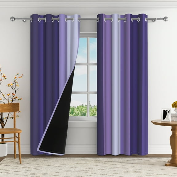 Aofoto Purple Stripe Curtains 63 Inch Length for Living Room, Purple and Grey White Ombre Gradient Blackout Window Drapes, Modern Abstract Curtains Set of 2