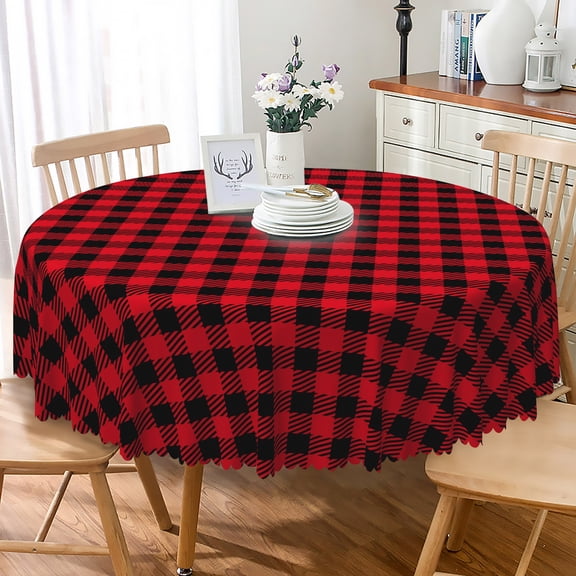 Aofoto Red Black Grid Christmas Round Tablecloth 60inch, Waterproof Oil-Proof Table Cloth, Stain-Resistant Wipeable Table Cloth Cover for Party Decor