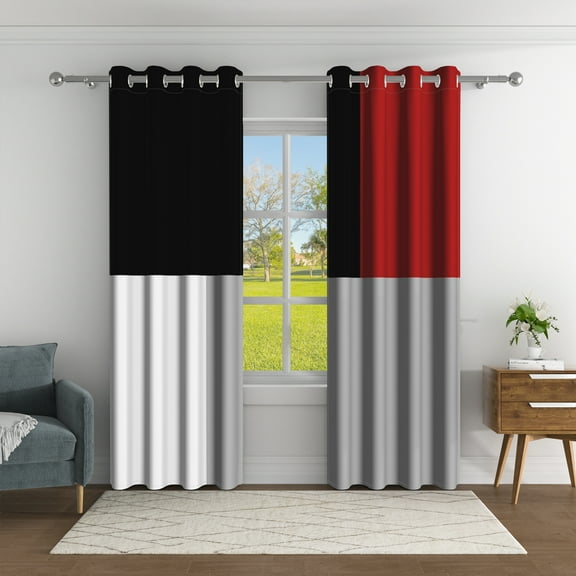 Aofoto Red Grey Black Curtains, Geometric Square Pattern Window Drapes for Kids Boys Girl Modern Abstract Blackout Curtain, 52 x 84 inches，2 Panels