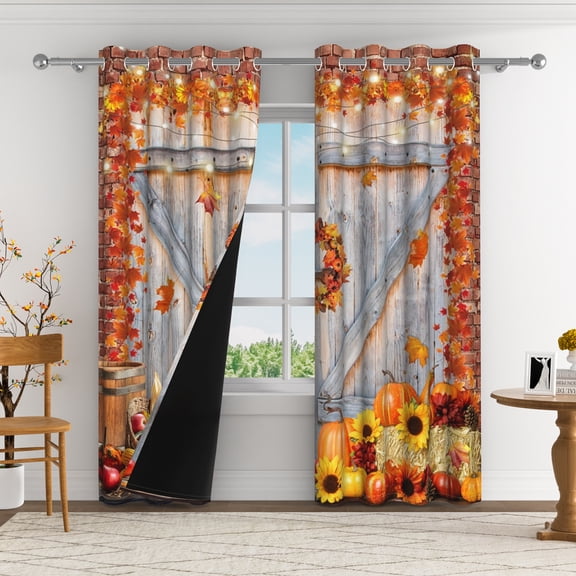 Aofoto Rustic Autumn Pumpkins Wood Barn Door Sunflowers Curtain,Fall Thanksgiving Harvest Curtain for Bedroom,2 Panel,52x84inches