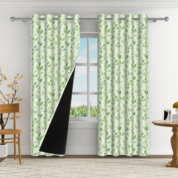 Aofoto Sage Green Leaf Curtains , Living Room Curtains , Thermal Insulated Room Darkening Curtain for Dining Room,Grommet Top, 42"Wx84"L, 2 Panel