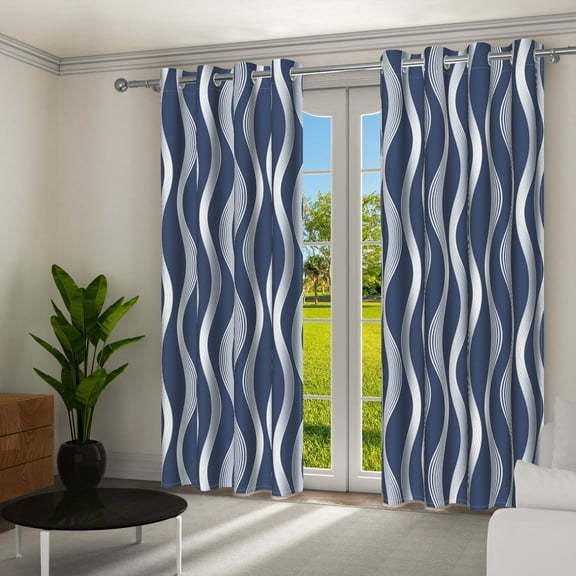 Aofoto Thermal Insulated Ombre Curtains,Silver Wave Print Blackout Drapes,42W x 63L Inch, Navy Blue, 2 Panels