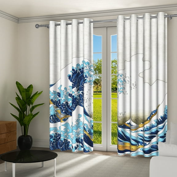 Aofoto Wave Curtains for Living Room Bedroom, Hokusai Pattern Japanese Ukiyoe Themed Oriental Sketch Style Ocean Curtain, 2 Panel, 42" W x 84"L