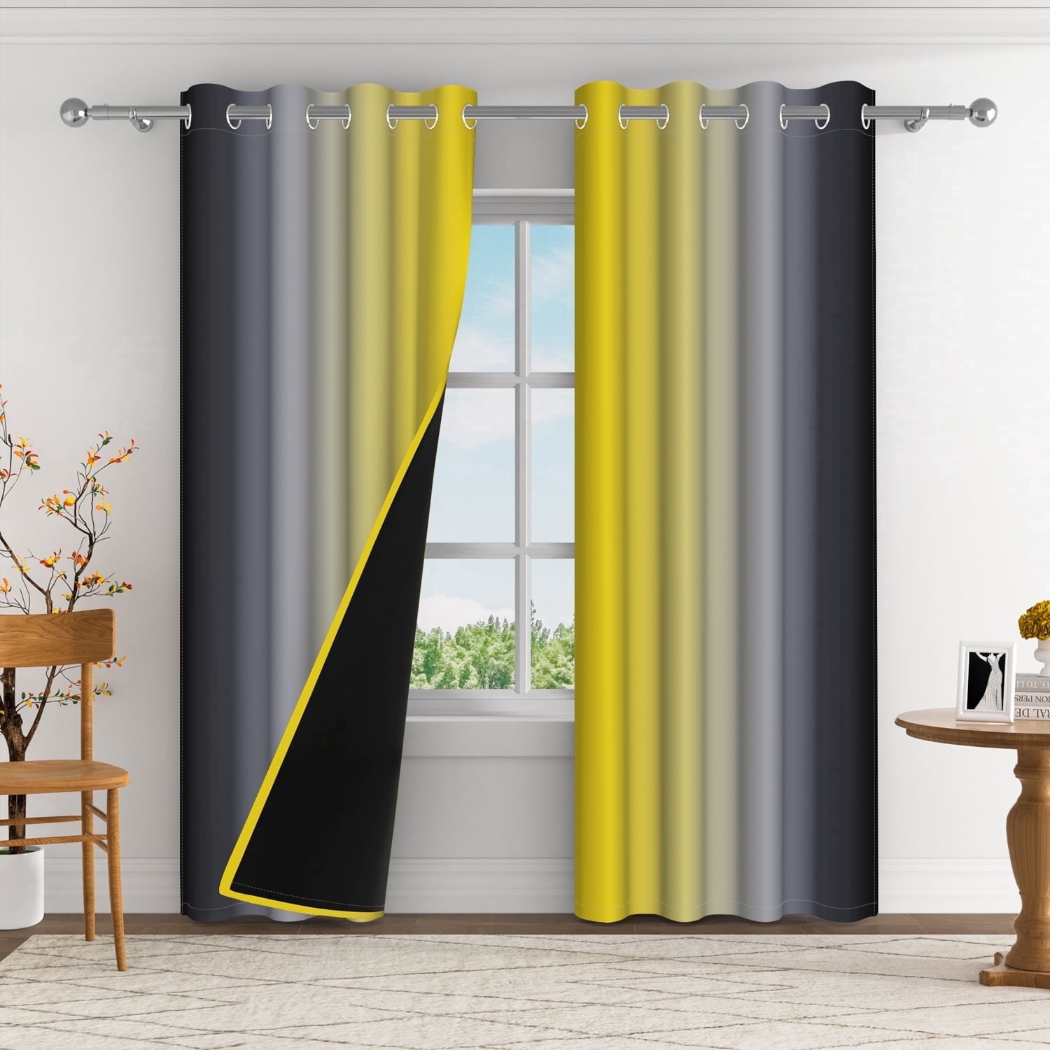 Aofoto Yellow Black and Grey Ombre Blackout Curtains 52 x 63 Inch, Room Darkening Thermal Insulated Energy Saving Grommet Curtains, 2 Panels
