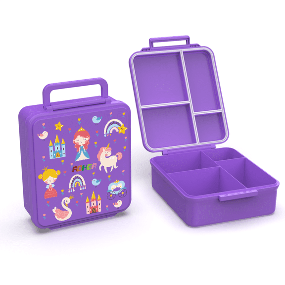 AOHEA Purple Princess/Dinosaur 3-Compartment Bento Box, Stainless Steel Soup Thermos, BPA-Free Leak-Proof Kids Lunch Container
