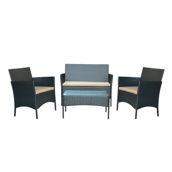 Aoife 4PC Steel Black Resin Wicker Patio Conversation Set with Tan cushion
