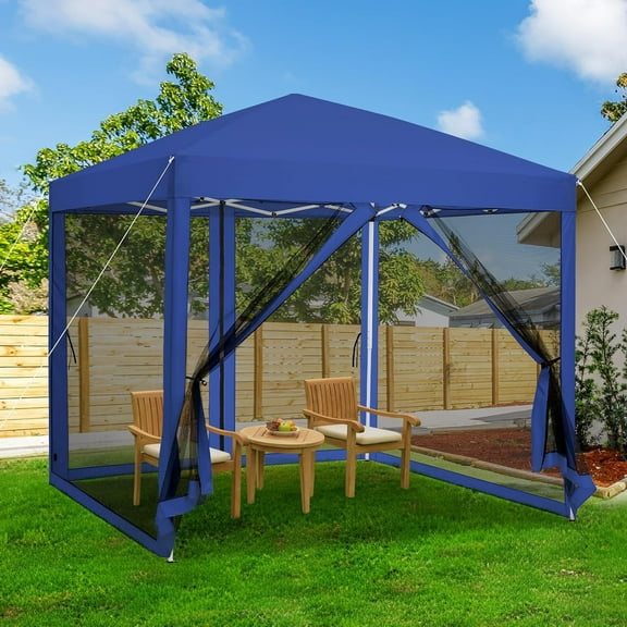 Aoile 10' x 10' Pop Up Canopy Tent, Portable Outdoor Canopies with Removable Mosquito Netting & Wheeled Carry Bag for Camping, Backyard, Picnic, Blue