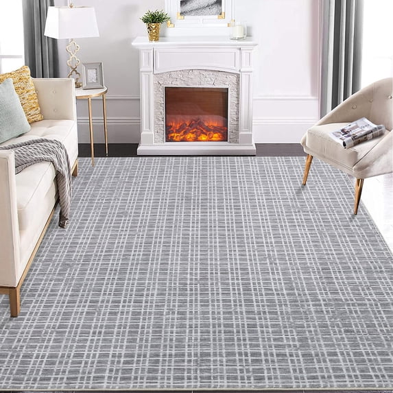 Aoile 10' x 13' Washable Area Rug, Modern Plaid Rug, Soft Faux Wool Rug Non-slip Low Pile Accent Small Rug for Bathroom Bedroom Kitchen Laundry, Dark Grey