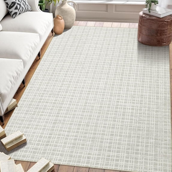 Aoile 10' x 13' Washable Area Rug, Modern Plaid Rug, Soft Faux Wool Rug Non-slip Low Pile Accent Small Rug for Bathroom Bedroom Kitchen Laundry, Light Grey