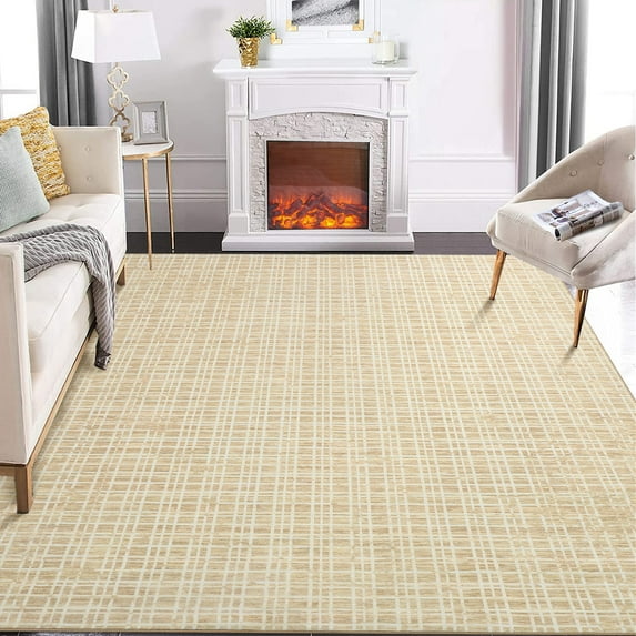 Aoile 10' x 13' Washable Area Rug, Modern Plaid Rug, Soft Faux Wool Rug Non-slip Low Pile Accent Small Rug for Bathroom Bedroom Kitchen Laundry, Yellow