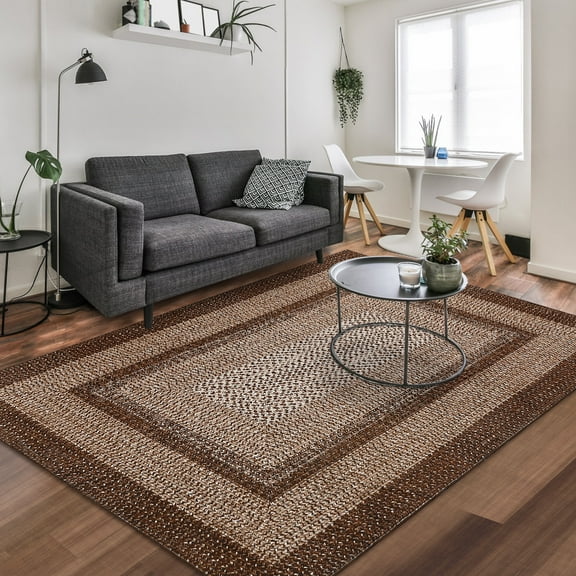 Aoile 10'x13' Washable Area Rug, Geometric Printed Rugs with Non Slip for Living Room Bedroom Dining Room, Brown