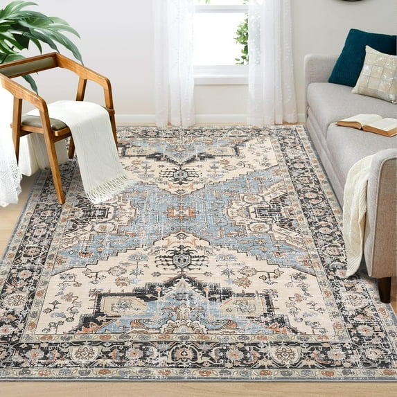Aoile 10x13 Washable Area Rugs Vintage Floral Distressed Carpet Non Slip Soft Low Pile Accent Rug for Bedside Dining Room Bedroom Living Room Dorm, Beige Blue