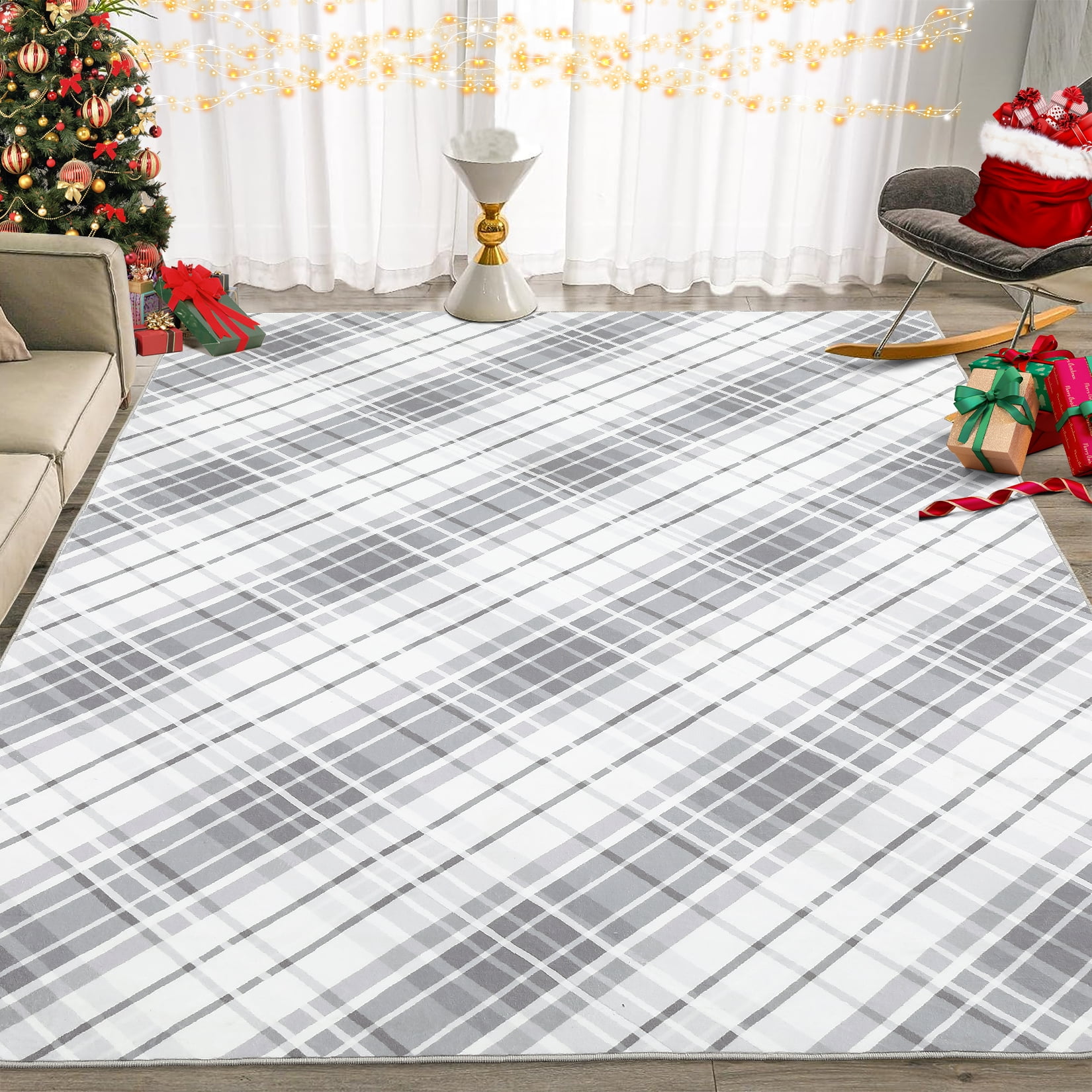 Aoile 10x13 Washable Large Area Rug, Christmas Decoration Carpet, Geometric Checkered Throw Mat Floor Carpet for Living Room, Light Grey