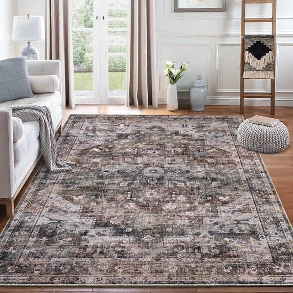 Aoile 10x13 Washable Rug | Boho Large Area Rug | Vintage Living Room Rug | Non Slip | Low Pile | Non Shedding | Brown