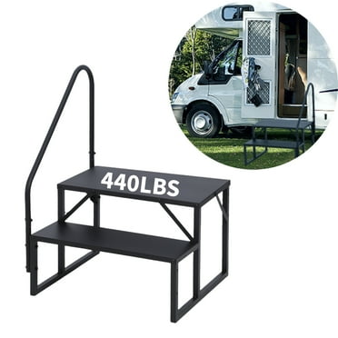 Aoile 2 Step Portable RV Steps, RV Entry Steps with Handrail, RV Stairs for Indoor & Outdoor, 440 lbs Capacity, Black