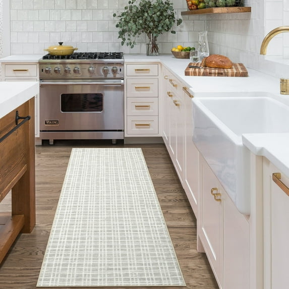Aoile 2' x 6' Washable Runner Rug, Modern Plaid Rug with Non-slip, Low Pile Rug for Bathroom Bedroom Kitchen Laundry, Light Grey