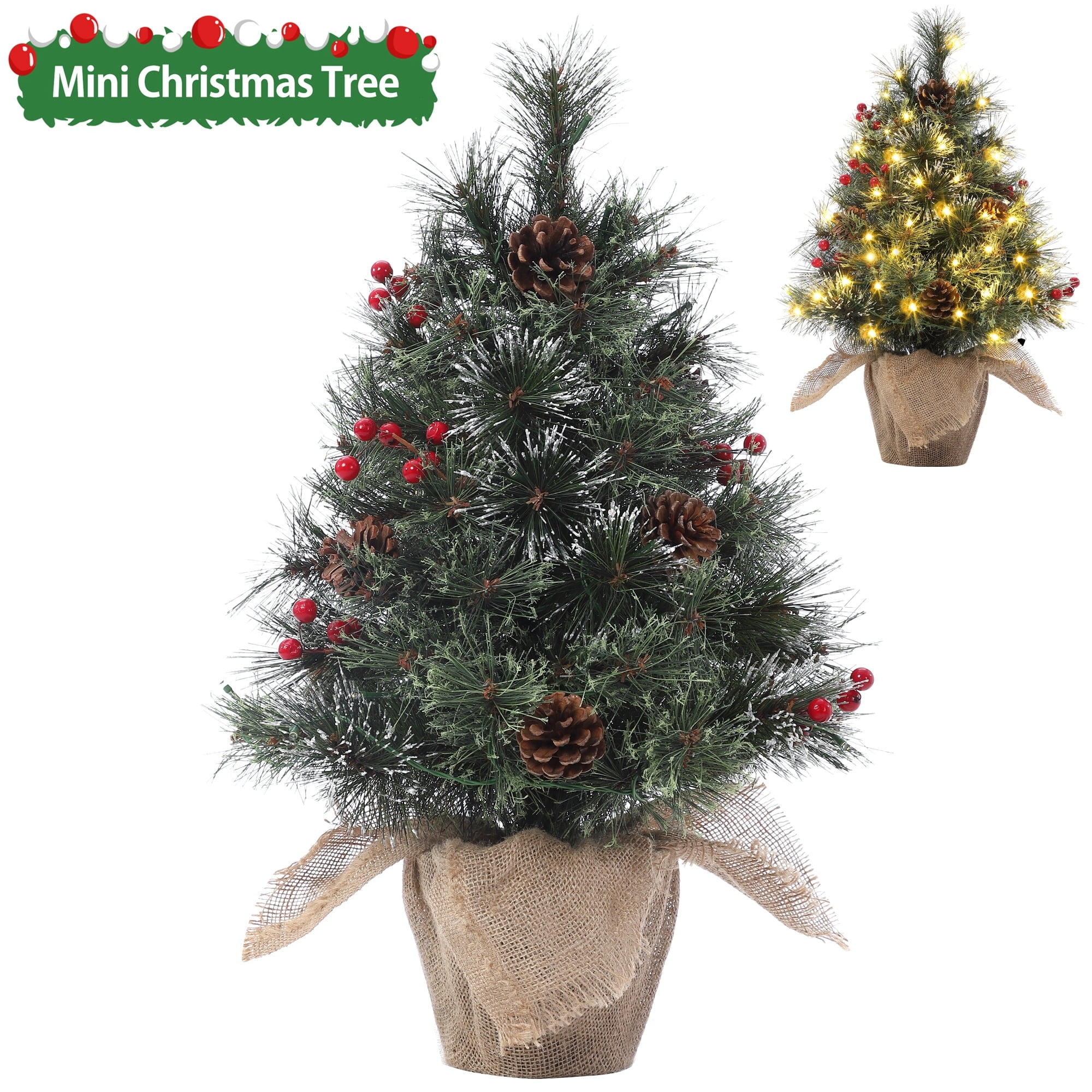 Aoile 2FT PreLit Snow Flocked Christmas Tree in Burlap Base, Desktop