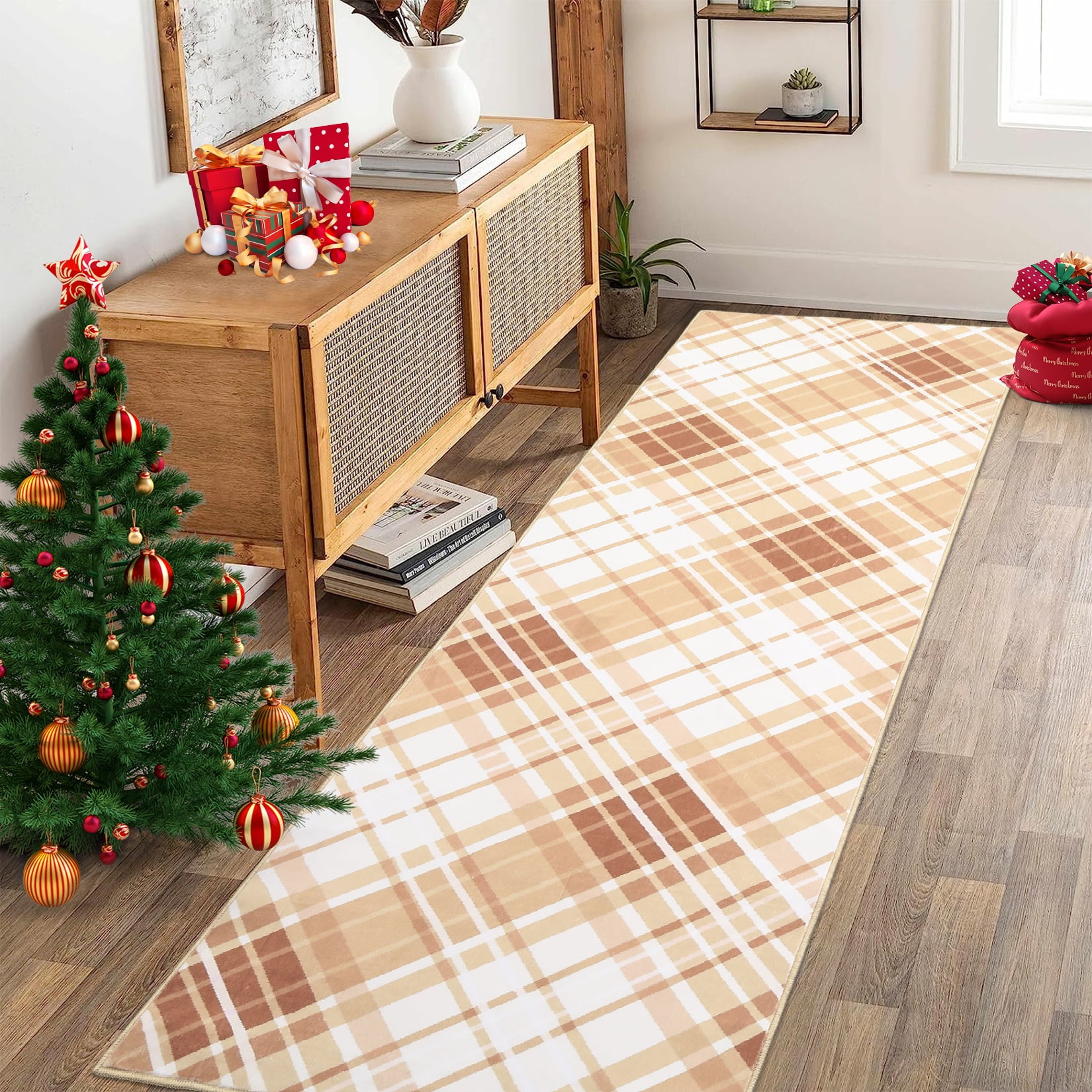 Aoile 2x6 Washable Runner Rug, Christmas Decoration Carpet, Geometric Checkered Throw Mat Floor Carpet for Hallways, Long Entryway, Coffee