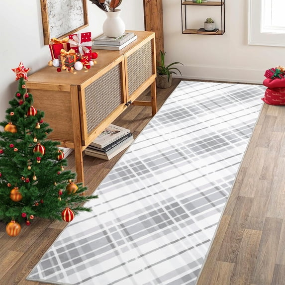 Aoile 2x6 Washable Runner Rug, Christmas Decoration Carpet, Geometric Checkered Throw Mat Floor Carpet for Hallways, Long Entryway, Light Grey