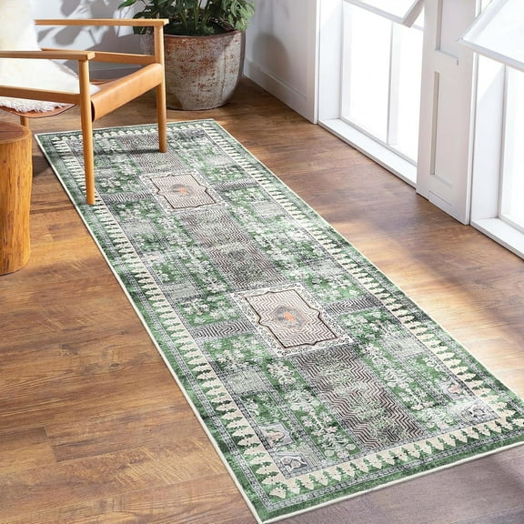 Aoile 2x8 Machine Washable Runner Rug, Stain Resistant Anti Slip Backing Rugs, Retro Distressed Print Low-Pile Carpet Rugs for Hallways Entryway Kitchen Bathroom, Green
