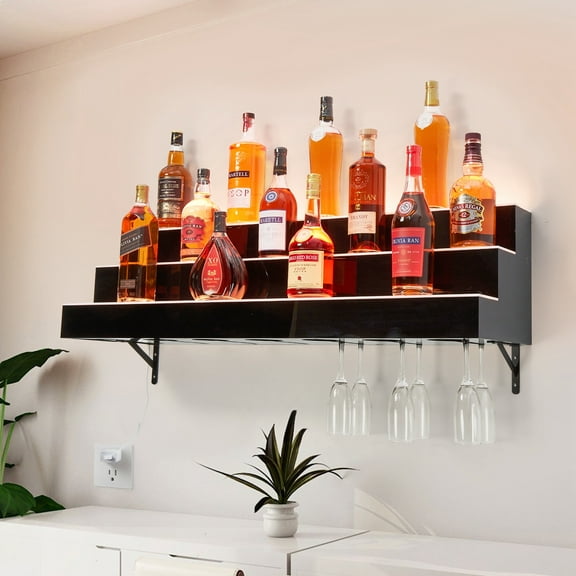 Aoile 3-Step LED Lighted Liquor Bottle Display Shelf, 30" Wall Mounted Acrylic LED Bar Shelves with Remote & APP Control