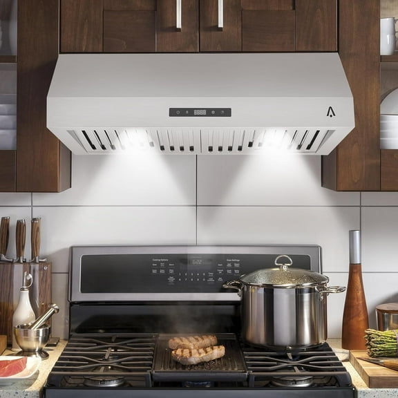 Aoile 30" Range Hood Under Cabinet with Baffle Filters, 400 CFM Kitchen Exhaust Hood w/3 Speed, LED Lights, Touch Control, 110V, Silver