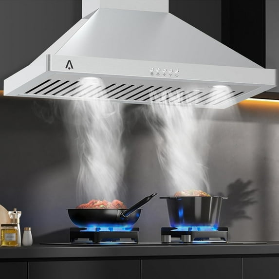 Aoile 30 inch Range Hood, 400 CFM Wall Mount Kitchen Hood with Ducted/Ductless Convertible, Silver