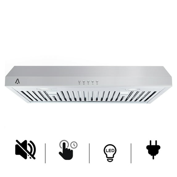 Aoile 30 inch Under Cabinet Range Hood with 3 Speed Exhaust Fan, Reusable Filter, LED Lights, 300 CFM Stainless Steel Range Hoods for Kitchen, Silver