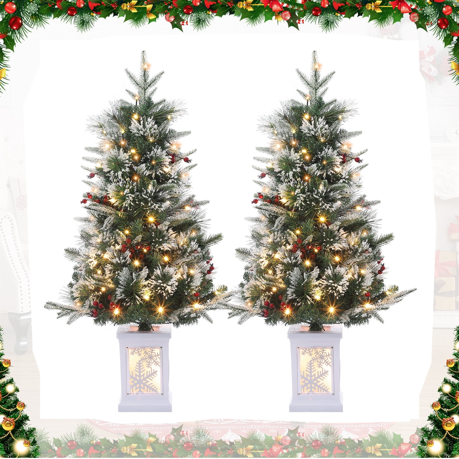 Aoile 3FT PreLit Christmas Entryway Tree with Snow Flocked Branches