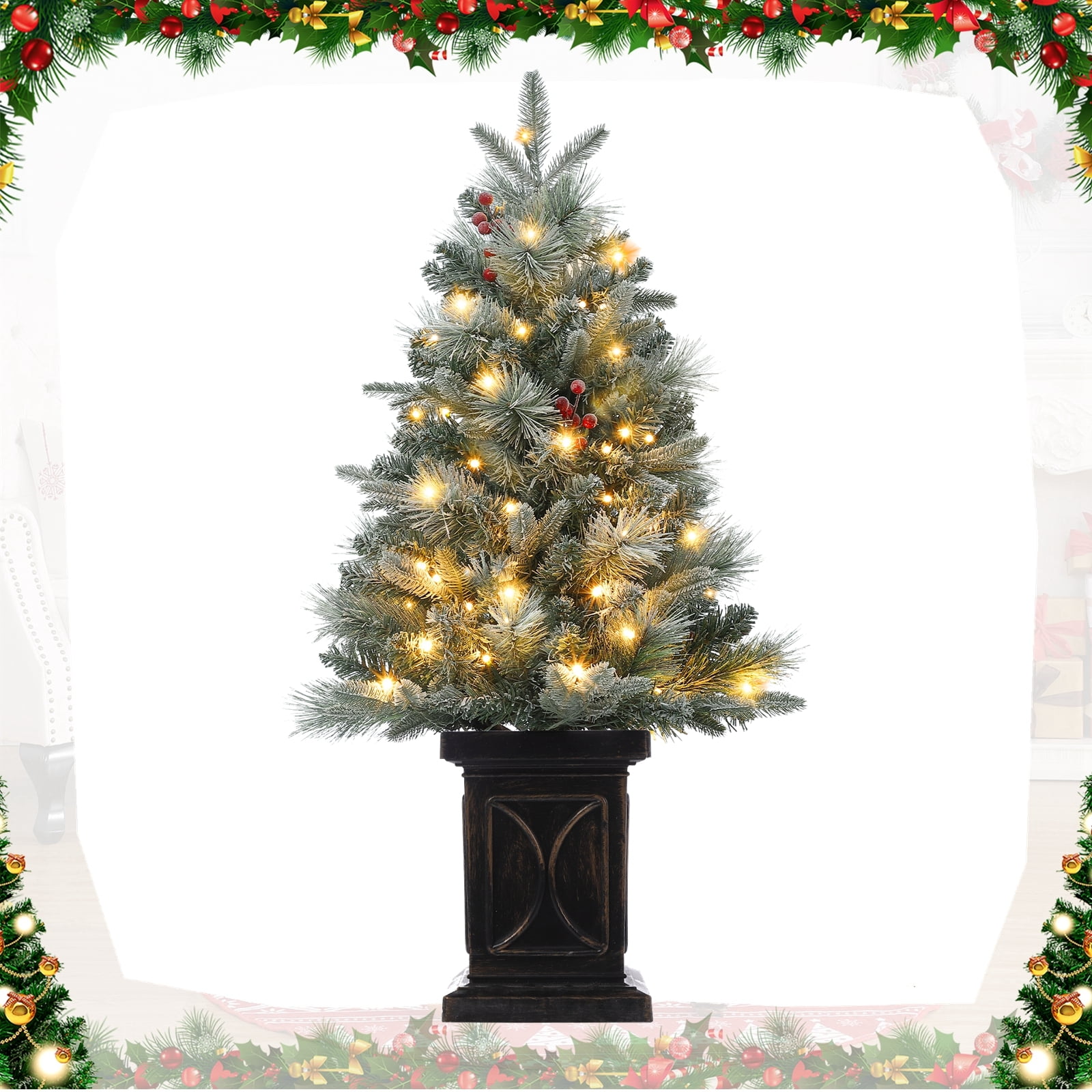 Aoile 3FT PreLit Snow Flocked Christmas Entryway Tree in Potted Base