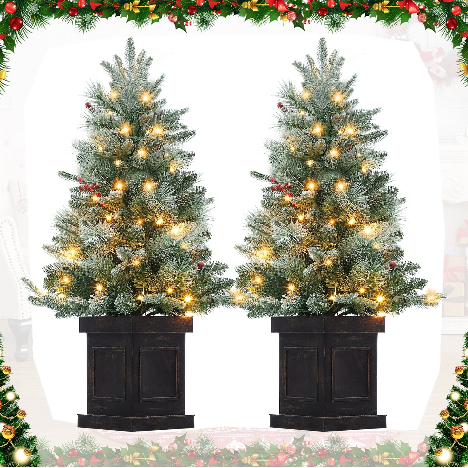 Aoile 3FT PreLit Snow Flocked Christmas Entryway Tree in Potted Base