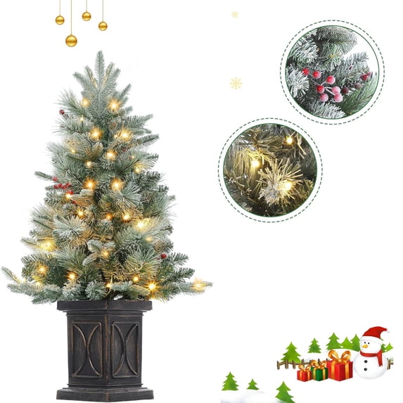 Aoile 3FT Small Christmas Tree with Lights, Artificial Christmas Tree with Potted Base & Berry Clusters for Home, Yard, Office