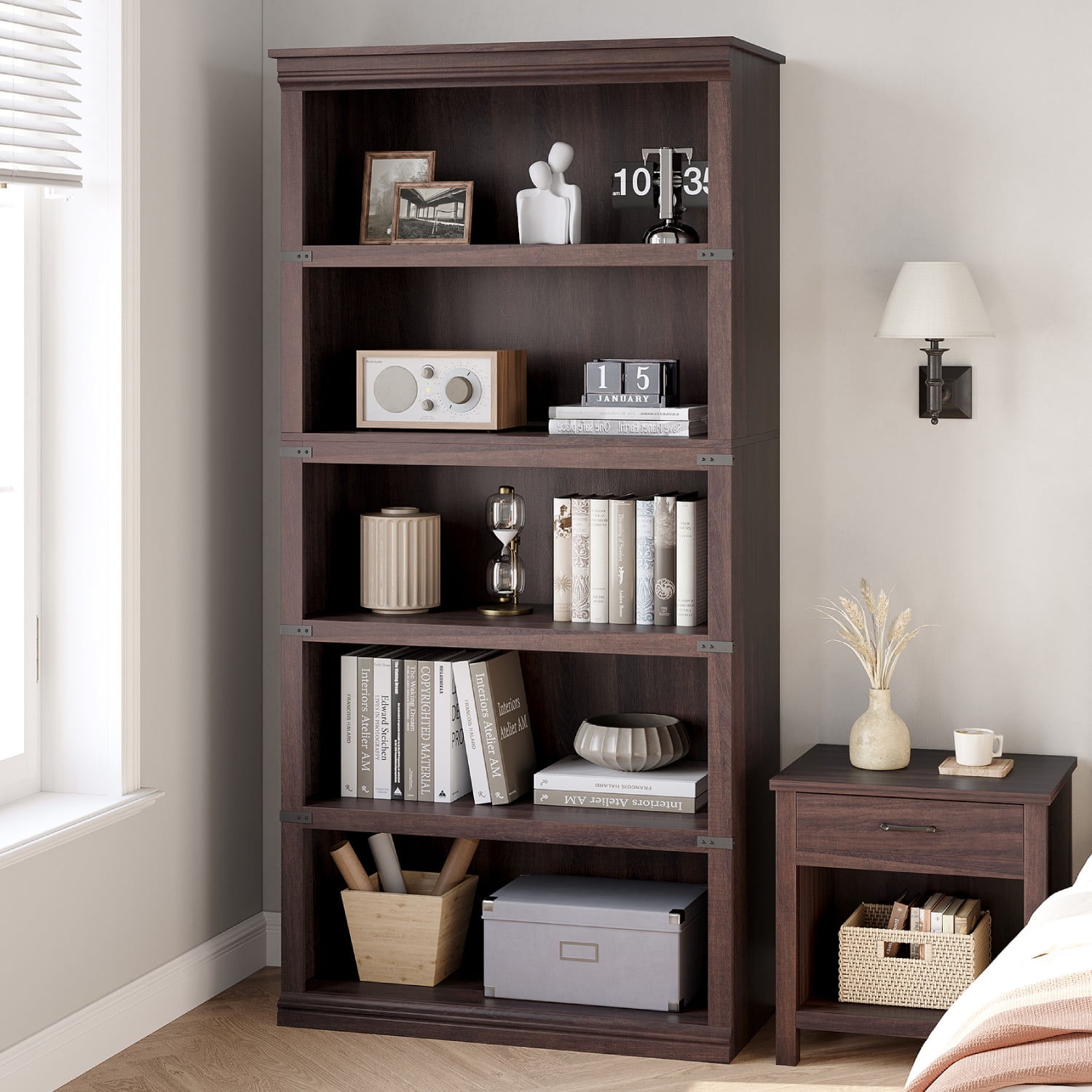 Aoile 5 Tier Farmhouse Bookshelf, 12.7" x 31.4" x 67.4" Heavy Duty Freestanding Bookcase, Bookshelves with Storage Open Display for Home Office, Living Room, Bed Room, Bathroom, Cherry