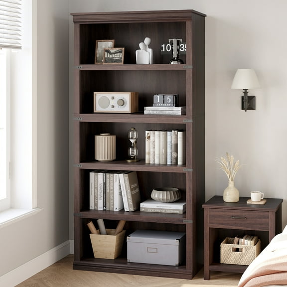 Aoile 5 Tier Farmhouse Bookshelf, 12.7" x 31.4" x 67.4" Heavy Duty Freestanding Bookcase, Bookshelves with Storage Open Display for Home Office, Living Room, Bed Room, Bathroom, Cherry