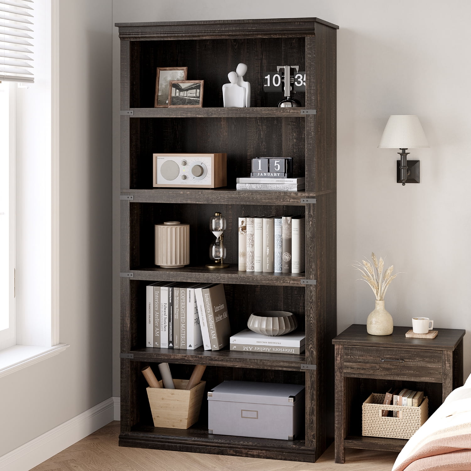 Aoile 5 Tier Farmhouse Bookshelf, 12.7" x 31.4" x 67.4" Heavy Duty Freestanding Bookcase, Bookshelves with Storage Open Display for Home Office, Living Room, Bed Room, Bathroom, Oak
