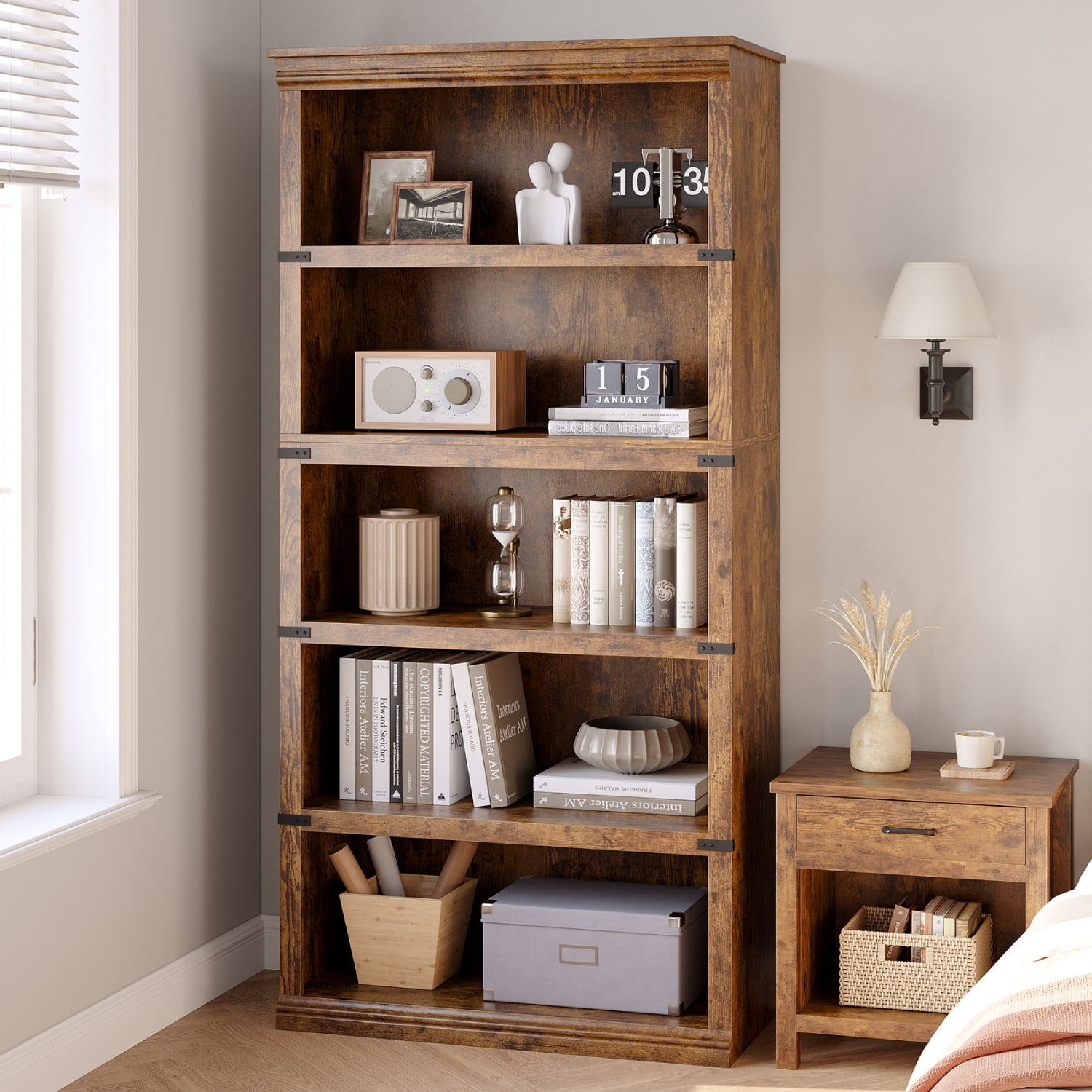 Aoile 5 Tier Farmhouse Bookshelf, 12.7" x 31.4" x 67.4" Heavy Duty Freestanding Bookcase, Bookshelves with Storage Open Display for Home Office, Living Room, Bed Room, Bathroom, Vintage